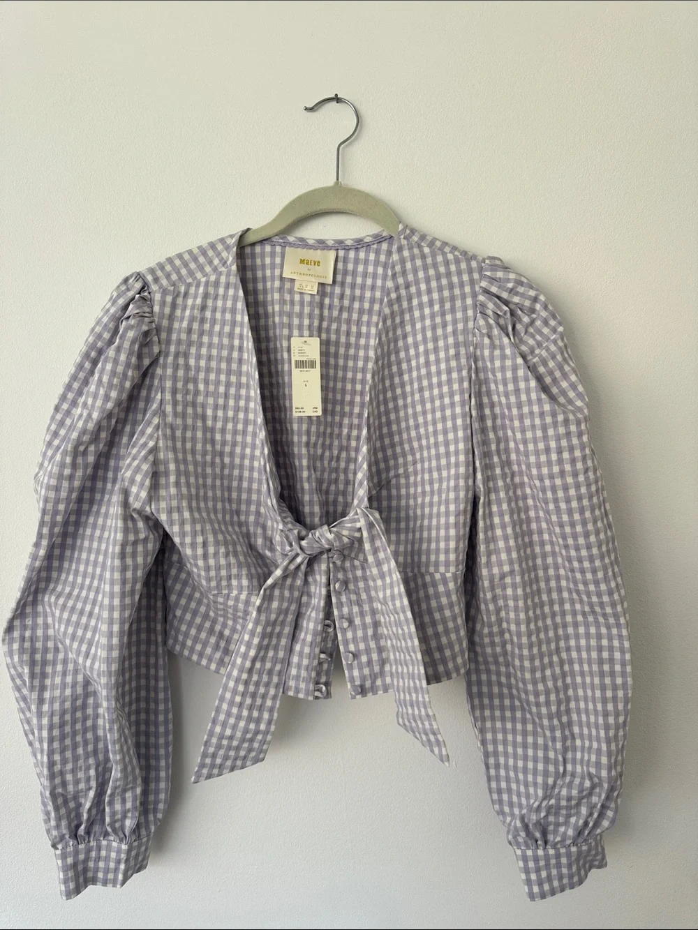 Anthropologie Lavender Gingham Tie-Front Puff Sleeve Blouse